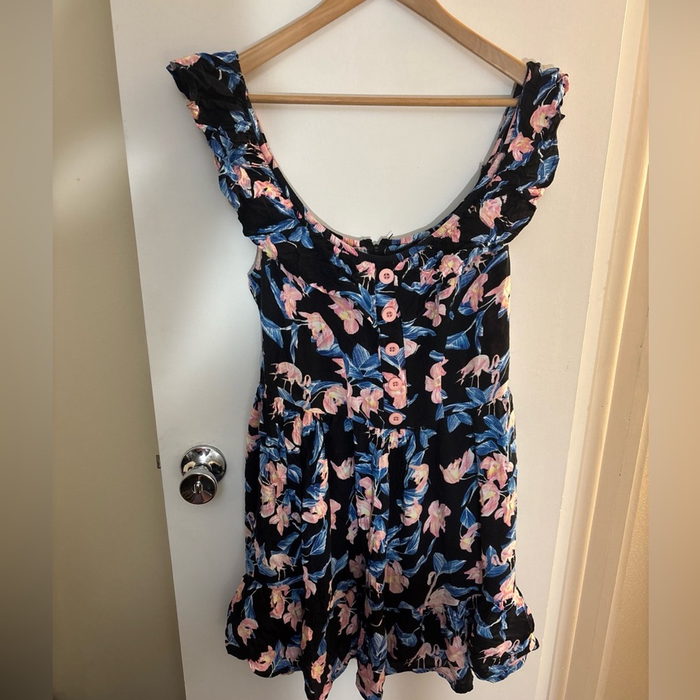 Hell Bunny Floral Flamingo Pinup Fit Flare Dress Zip Up Miami Tropical Ruffle S